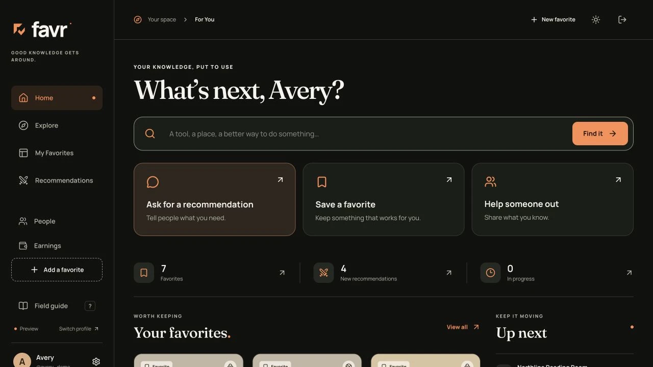 Favr product interface