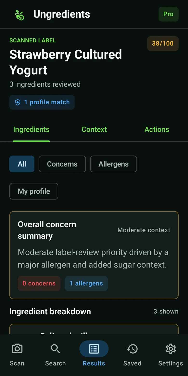 Ungredients mobile interface
